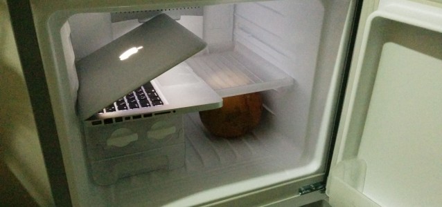 laptop and coconut in fridge